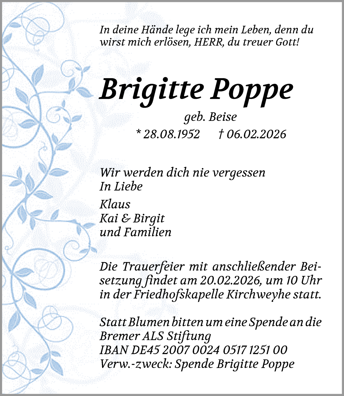 Traueranzeige von Brigitte Poppe von Regionale Rundschau/Syker Kurier