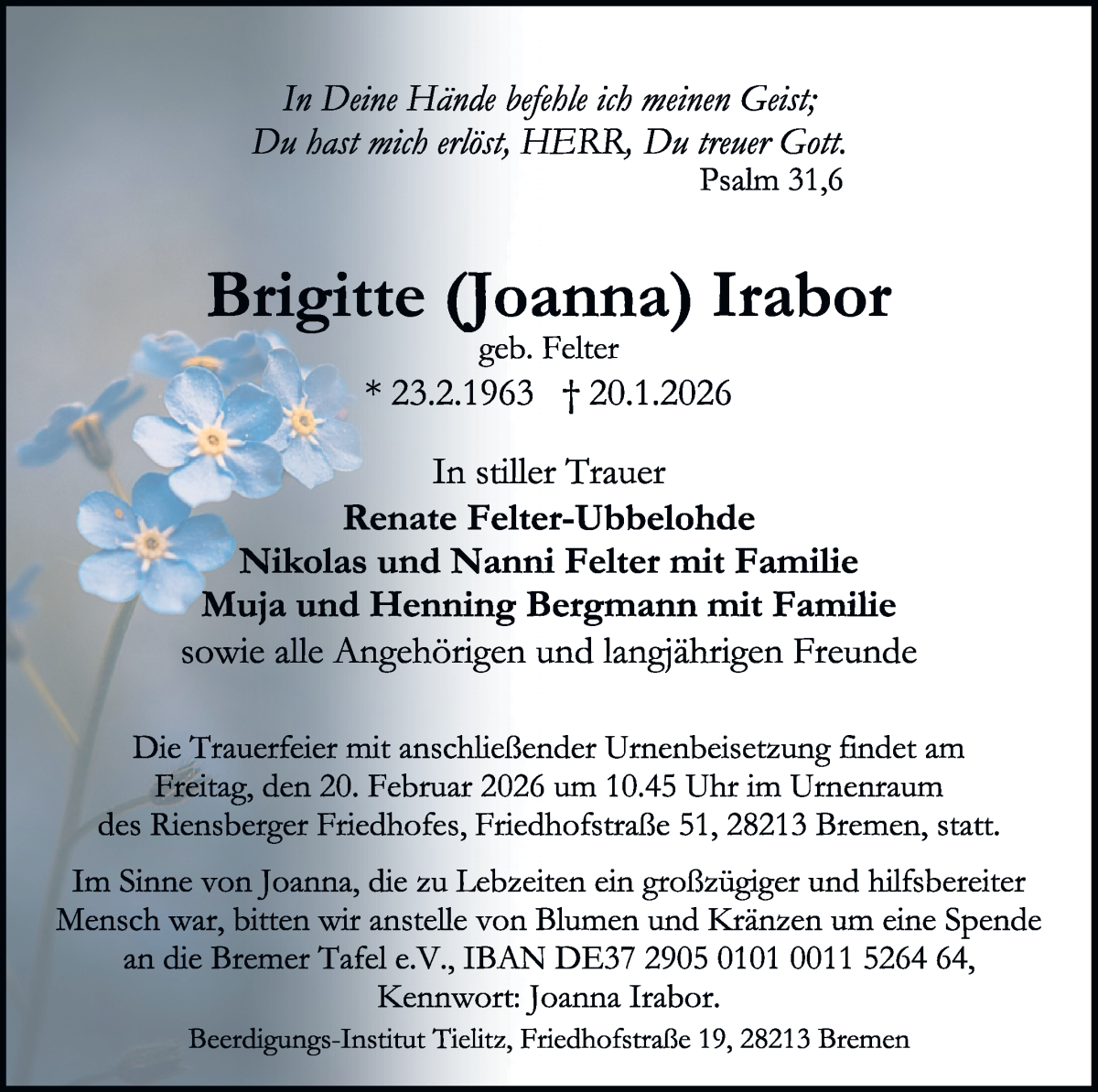 Traueranzeige von Brigitte Joanna Irabor von WESER-KURIER