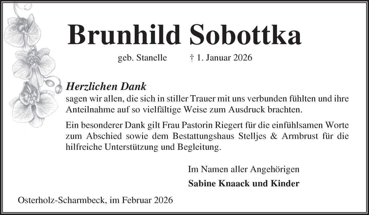 Traueranzeige von Brunhild Sobottka von Osterholzer Kreisblatt