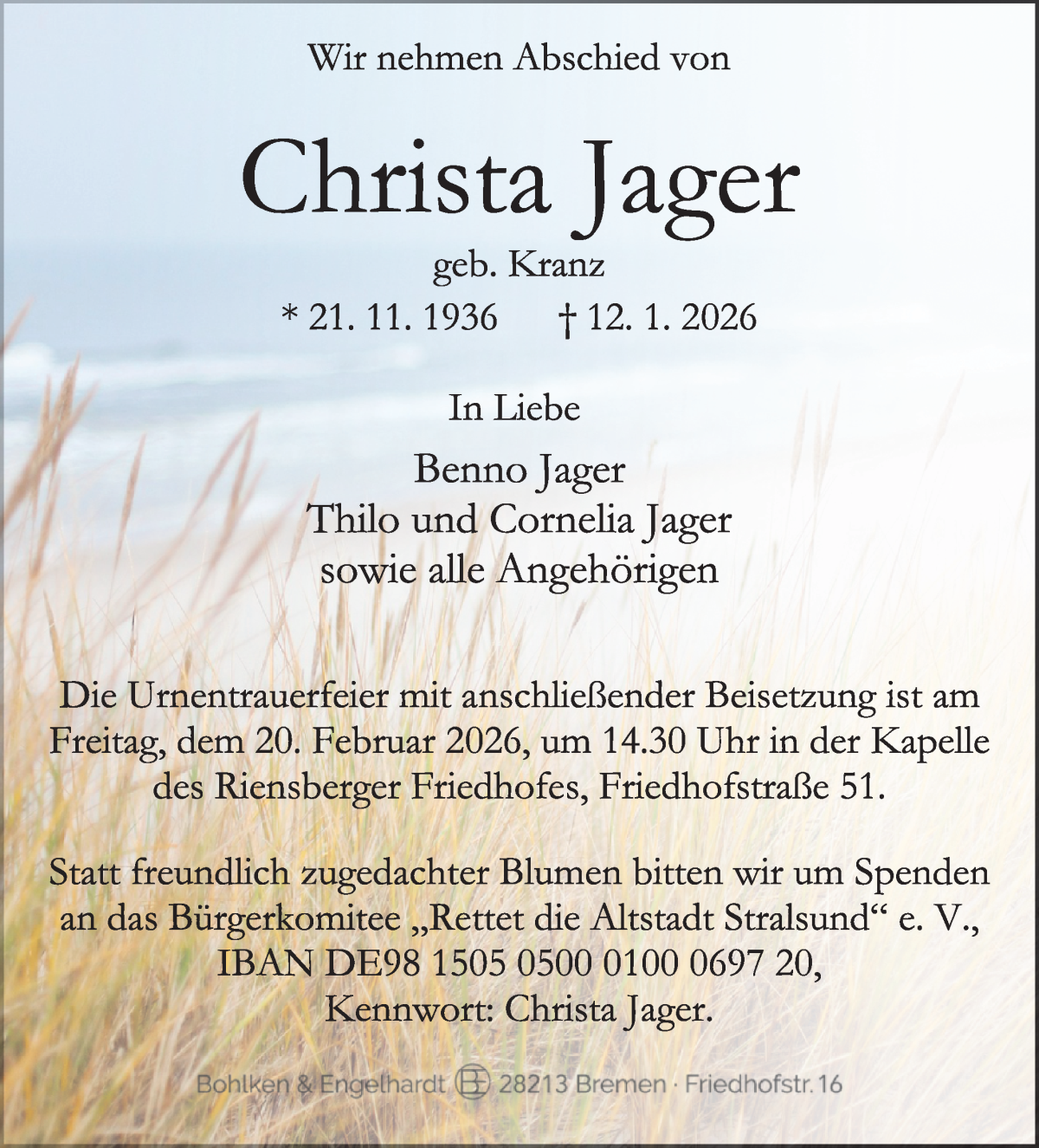 Traueranzeige von Christa Jager von WESER-KURIER