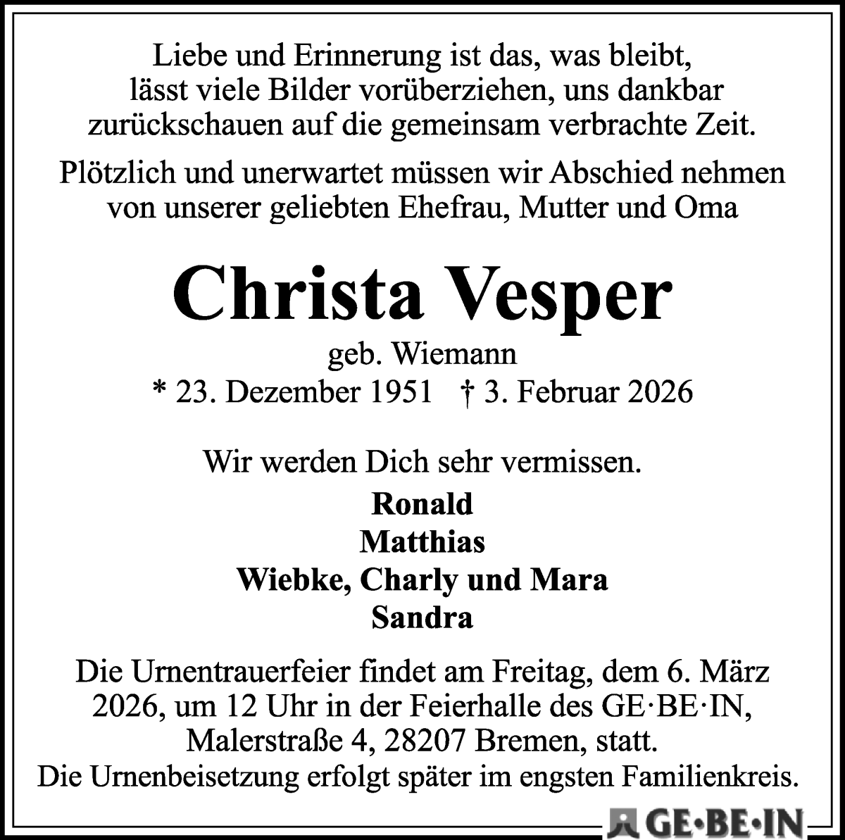 Traueranzeige von Christa Vesper von WESER-KURIER