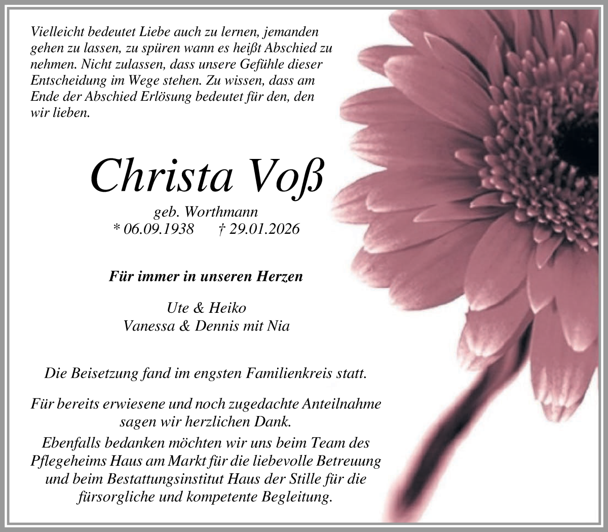 Traueranzeige von Christa Voß von Wuemme Zeitung