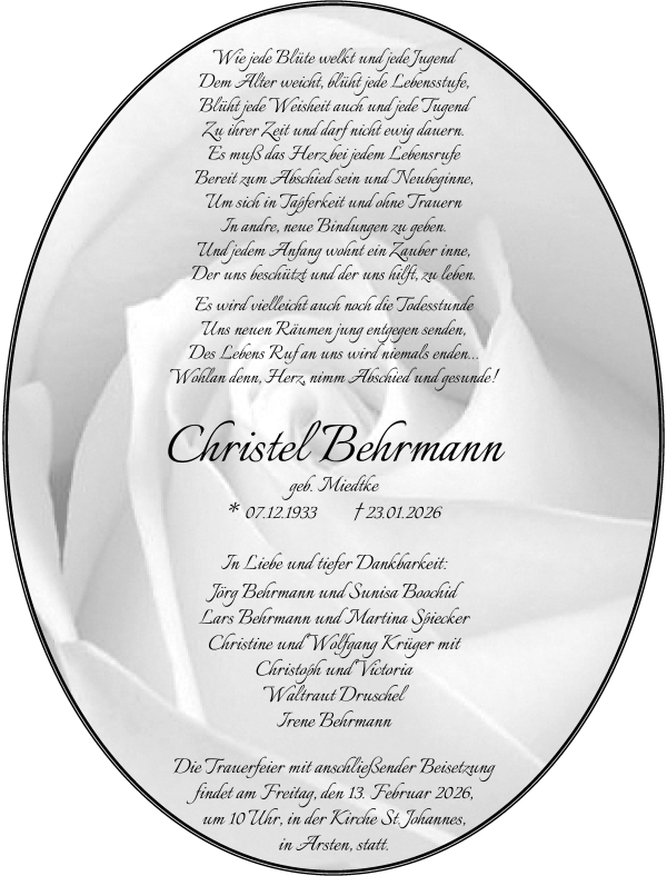 Traueranzeige von Christel Behrmann von WESER-KURIER