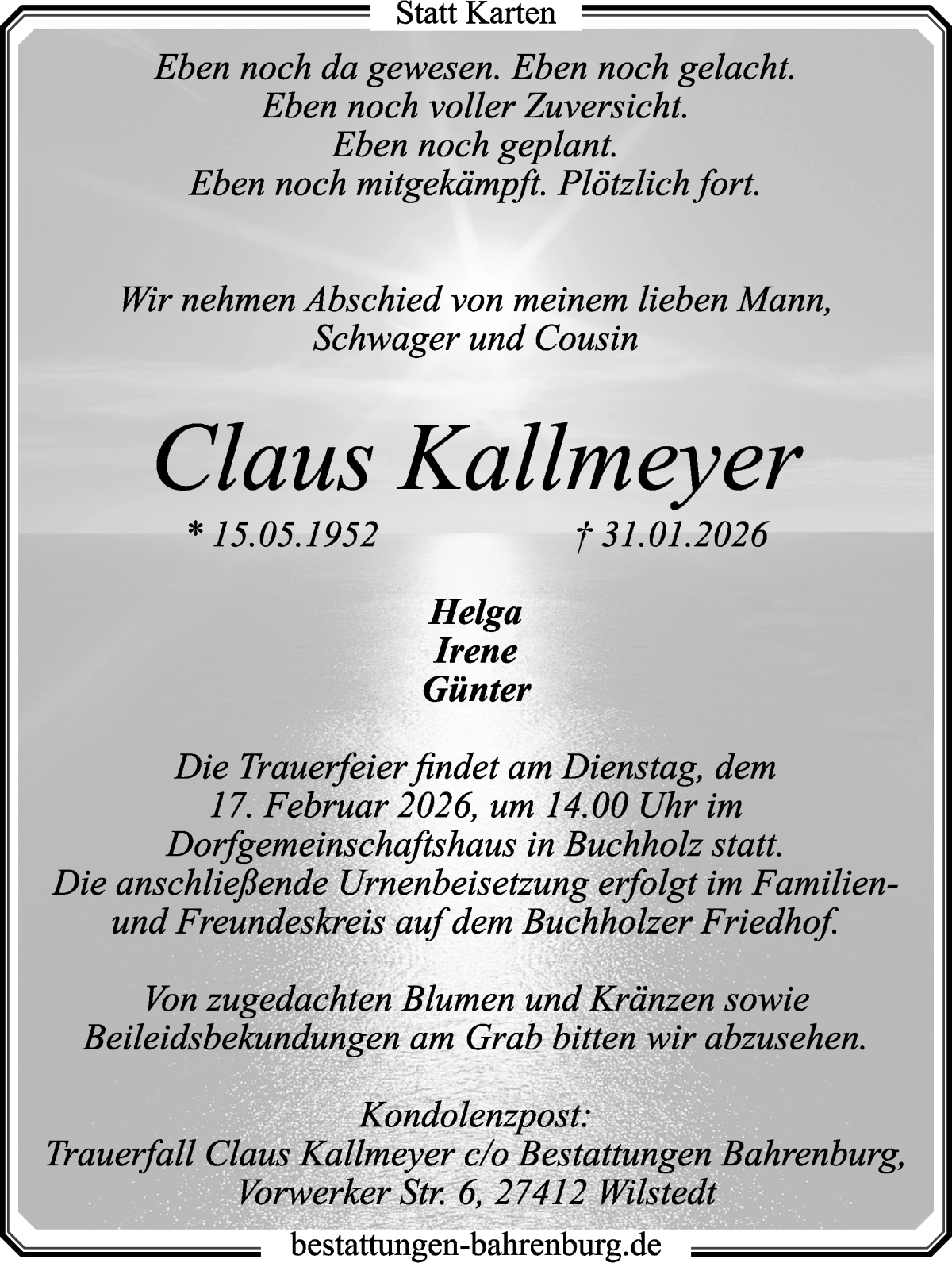 Traueranzeige von Claus Kallmeyer von WESER-KURIER