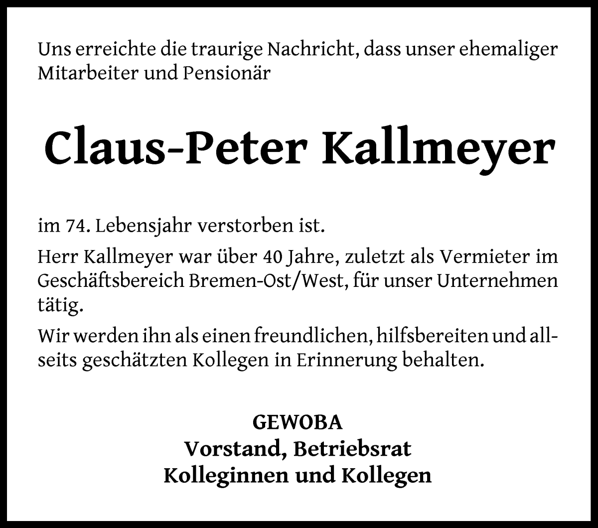  Traueranzeige für Claus-Peter Kallmeyer vom 11.02.2026 aus WESER-KURIER