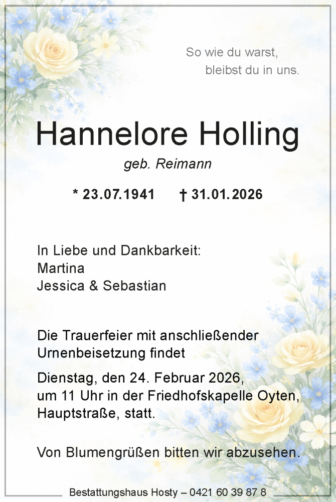 Traueranzeige von Hannelore Holling von WESER-KURIER