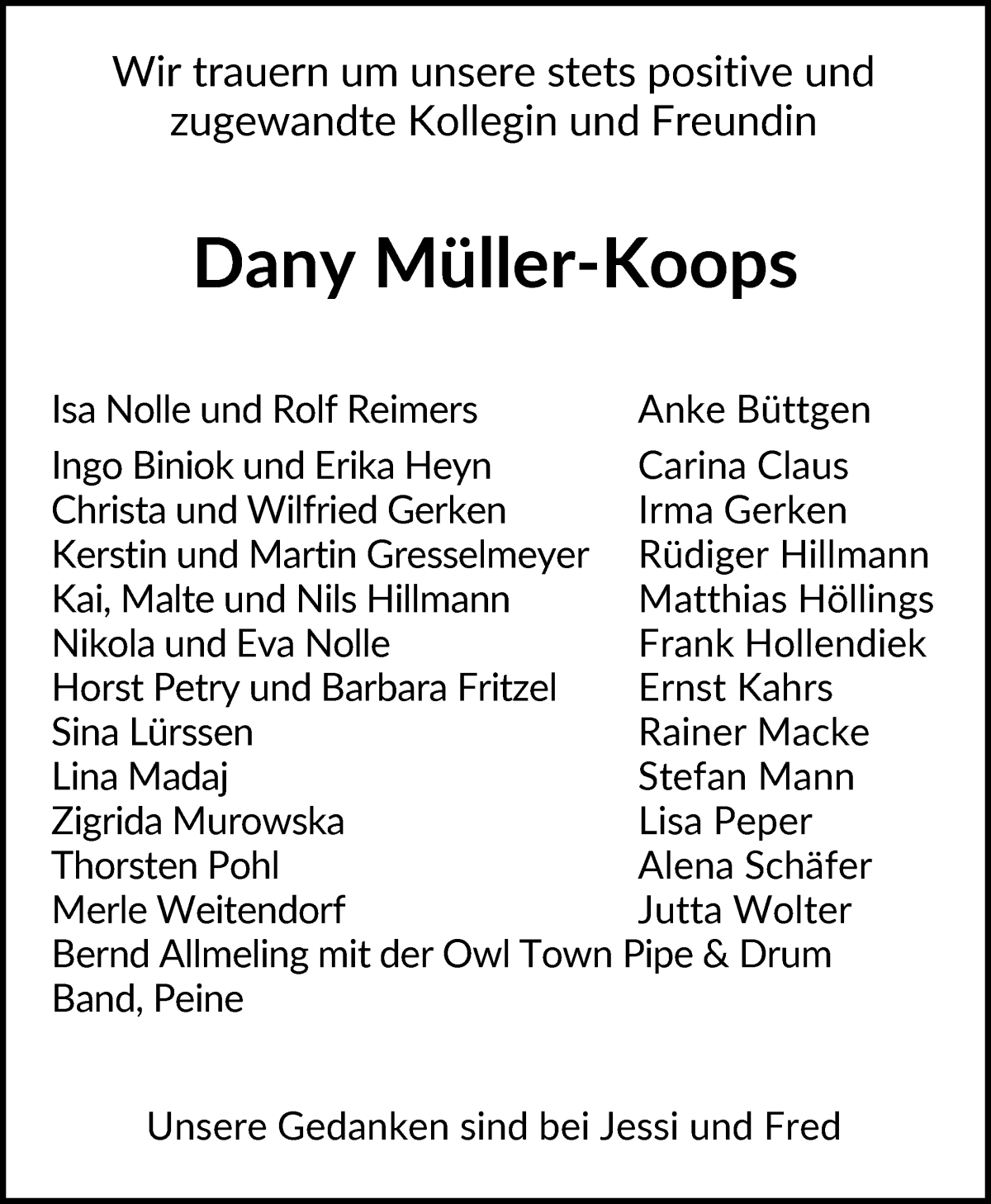 Traueranzeige von Dany Müller-Koops von WESER-KURIER
