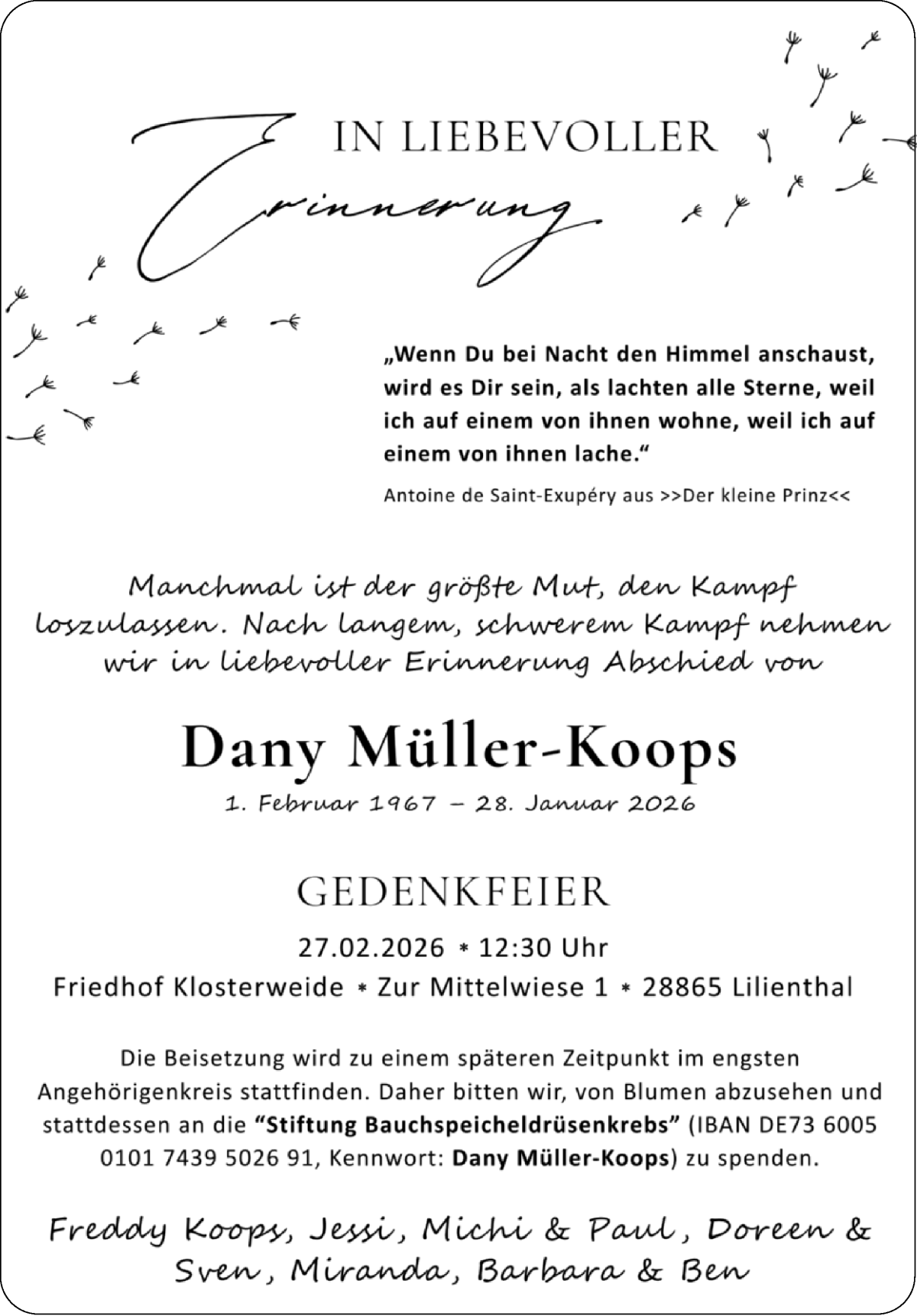 Traueranzeige von Dany Müller-Koops von Wuemme Zeitung