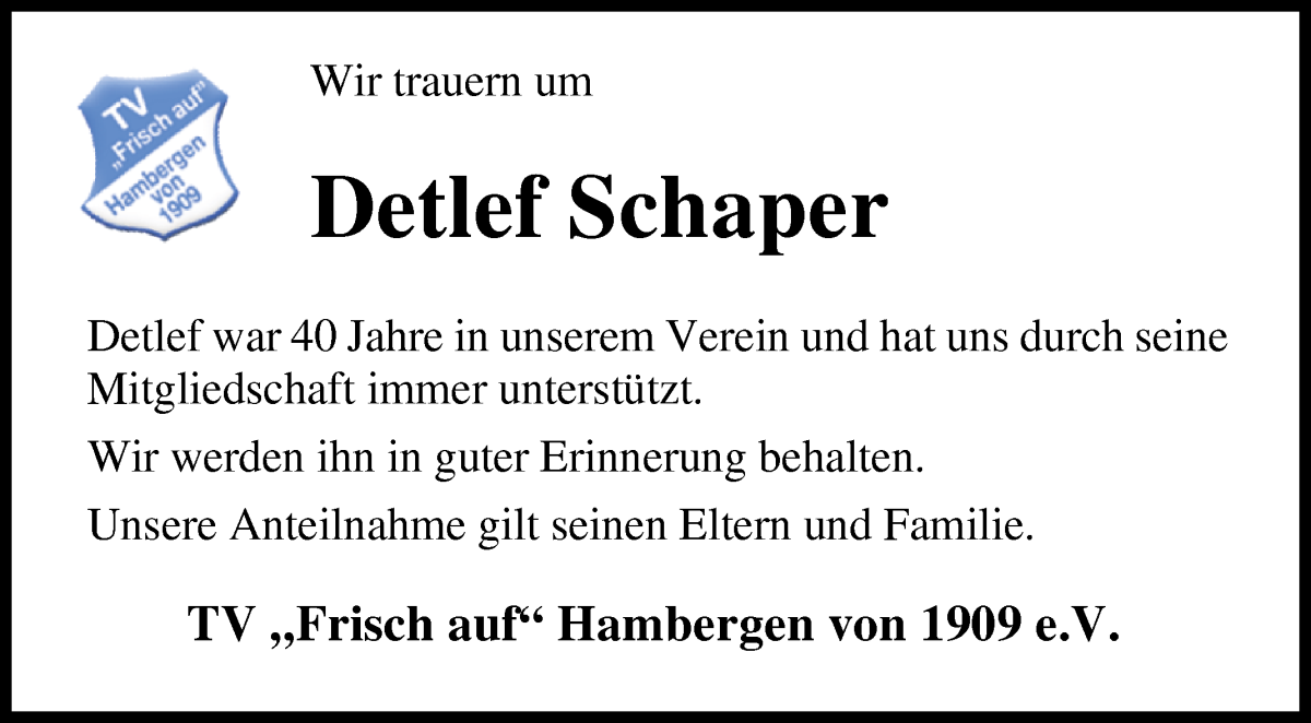 Traueranzeige von Detlef Schaper von Osterholzer Kreisblatt