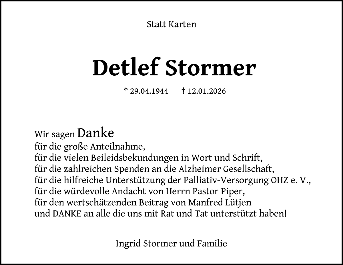 Traueranzeige von Detlef Stormer von Wuemme Zeitung
