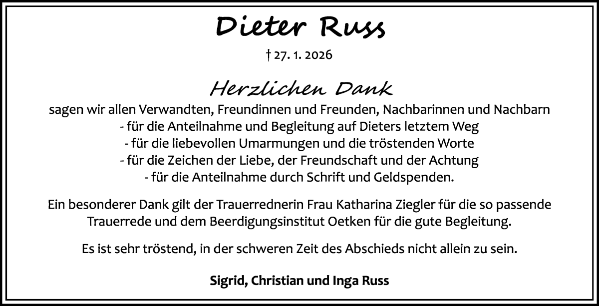 Traueranzeige von Dieter Russ von Die Norddeutsche