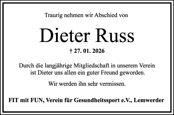 Traueranzeige von Dieter Russ von Die Norddeutsche