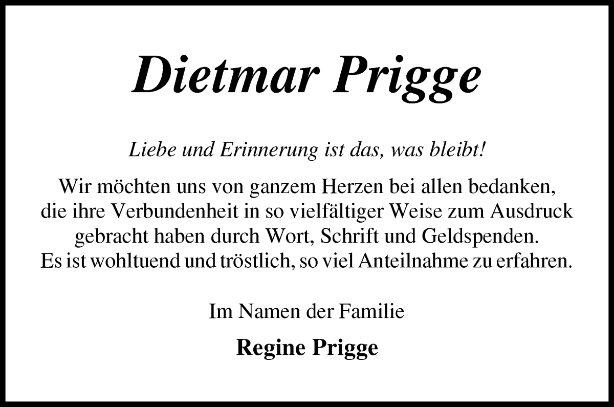 Traueranzeige von Dietmar Prigge von Osterholzer Kreisblatt