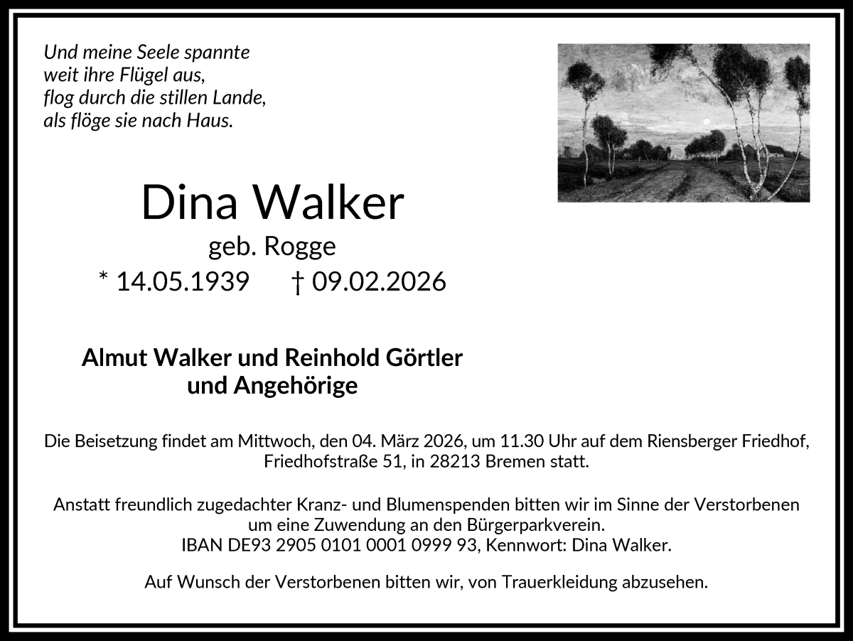 Traueranzeige von Dina Walker von WESER-KURIER