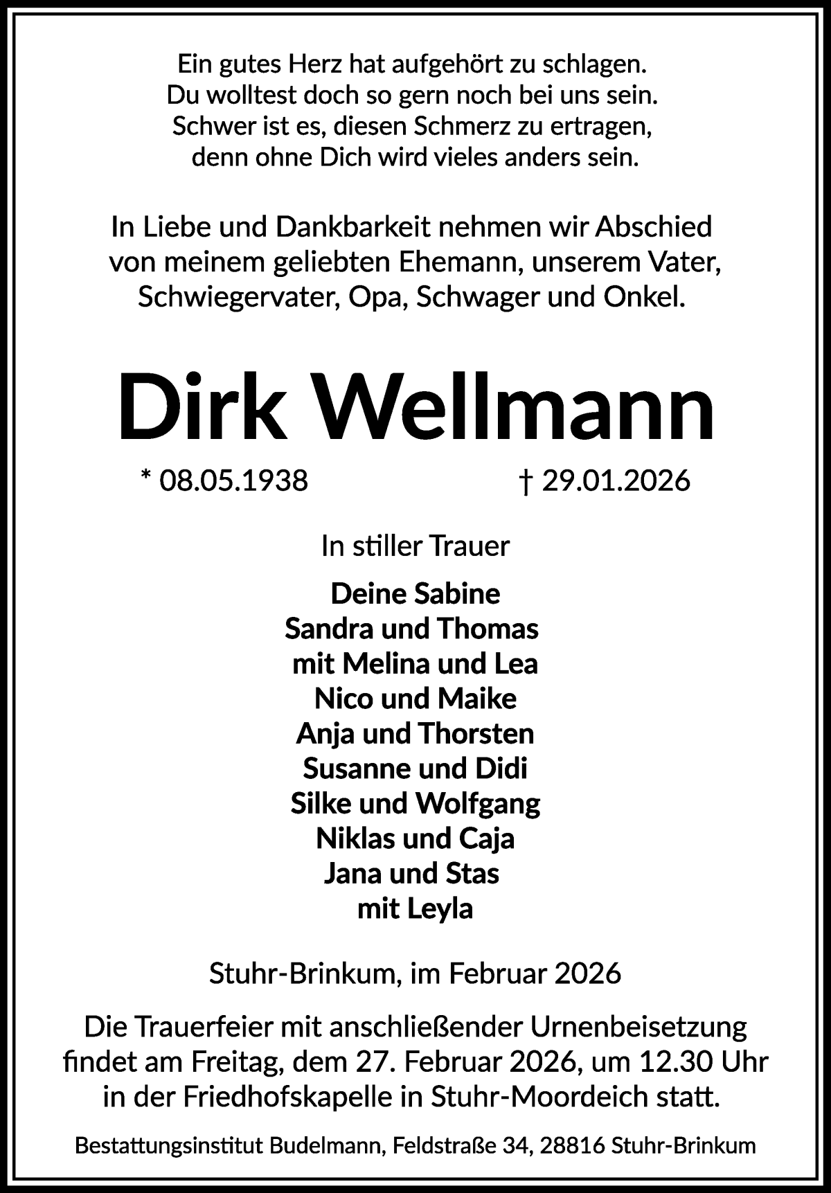 Traueranzeige von Dirk Wellmann von Regionale Rundschau/Syker Kurier