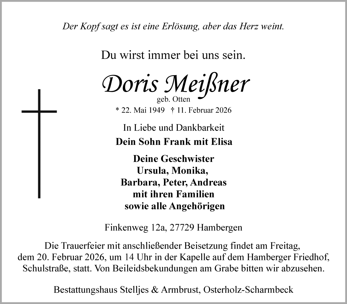 Traueranzeige von Doris Meißner von Osterholzer Kreisblatt