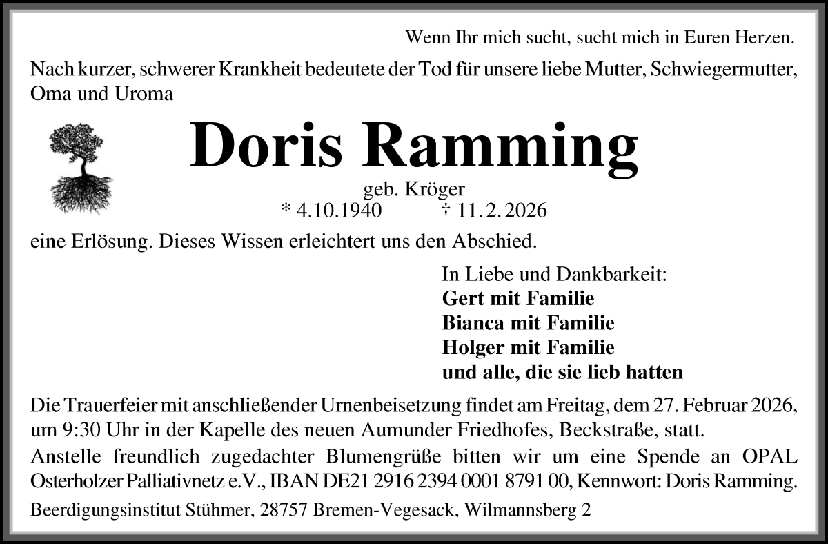  Traueranzeige für Doris Ramming vom 21.02.2026 aus Die Norddeutsche