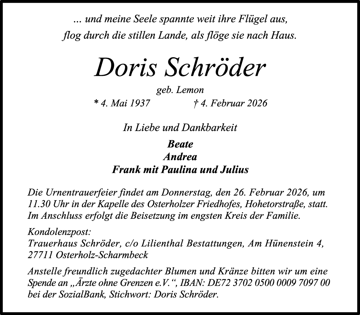 Traueranzeige von Doris Schröder von Osterholzer Kreisblatt