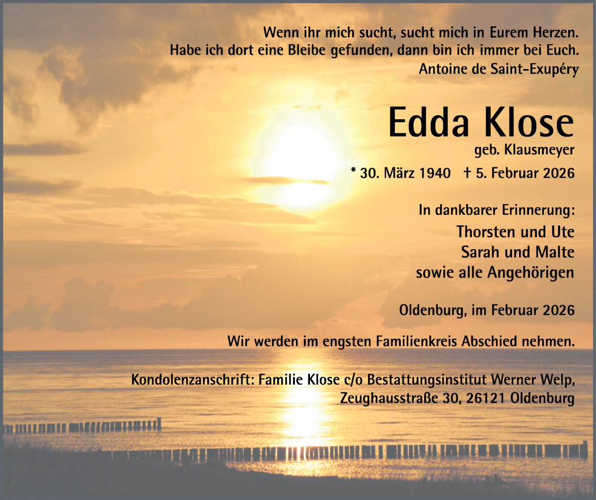Traueranzeige von Edda Klose von WESER-KURIER