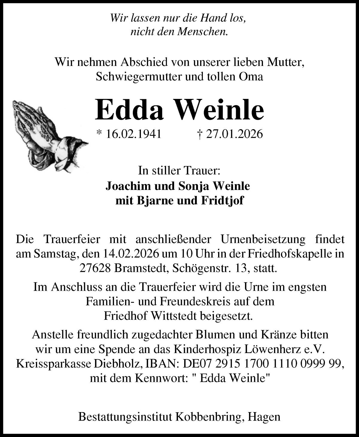 Traueranzeige von Edda Weinle von Osterholzer Kreisblatt