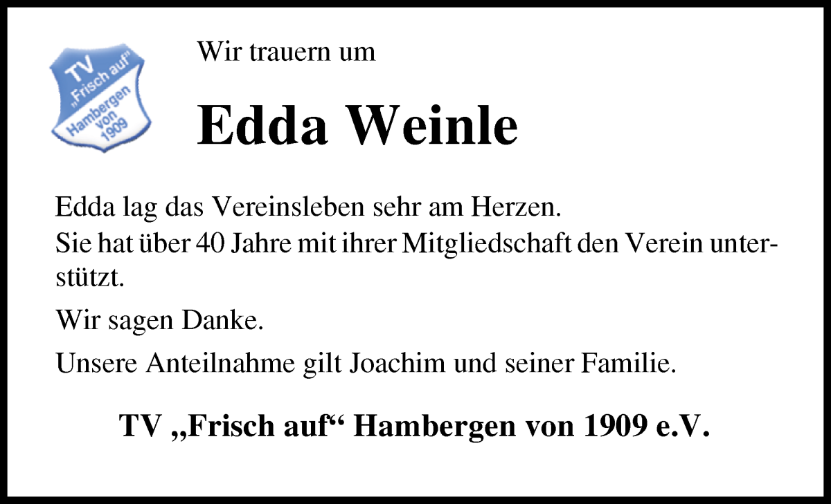 Traueranzeige von Edda Weinle von Osterholzer Kreisblatt