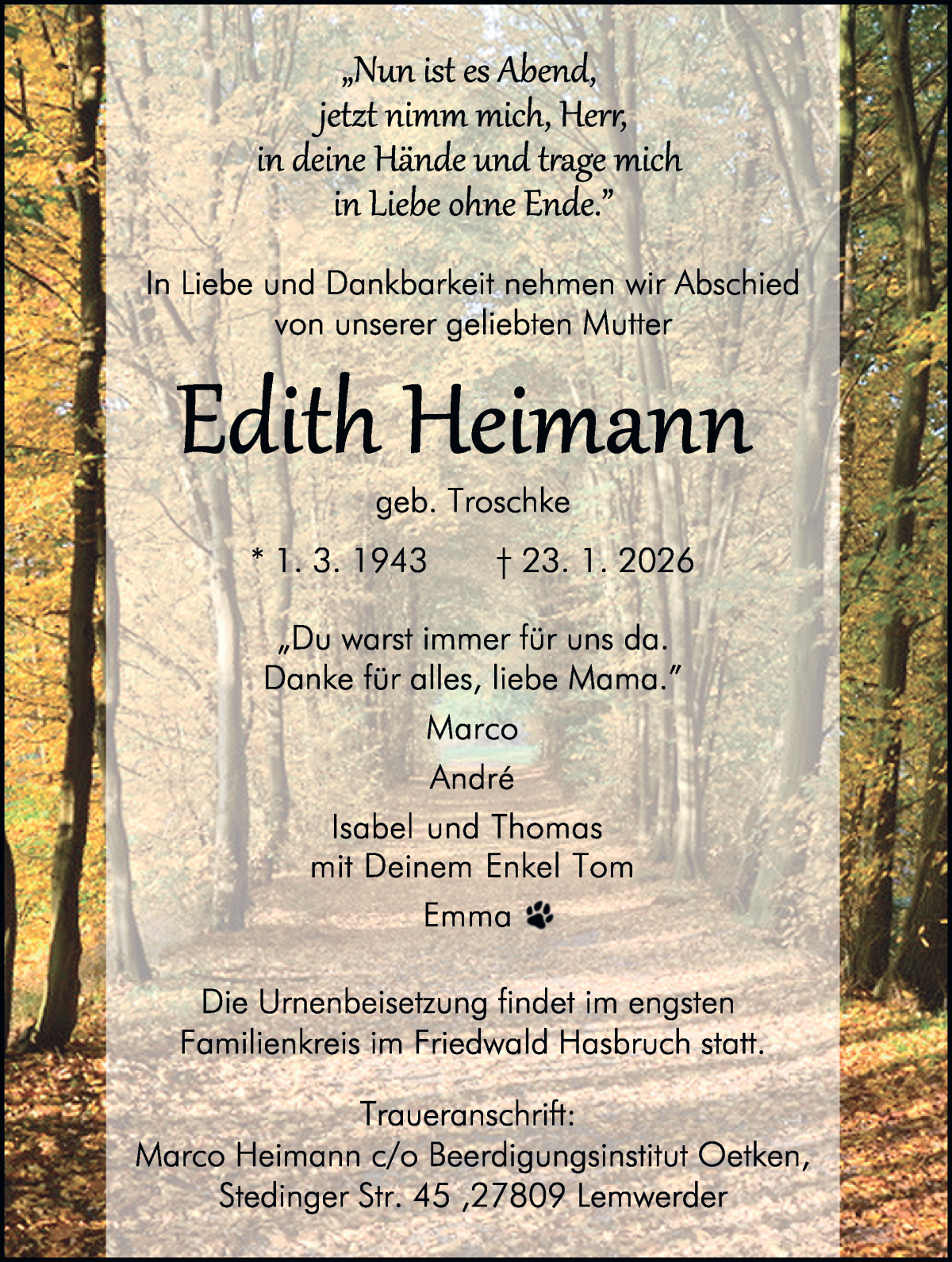 Traueranzeige von Edith Heimann von Die Norddeutsche