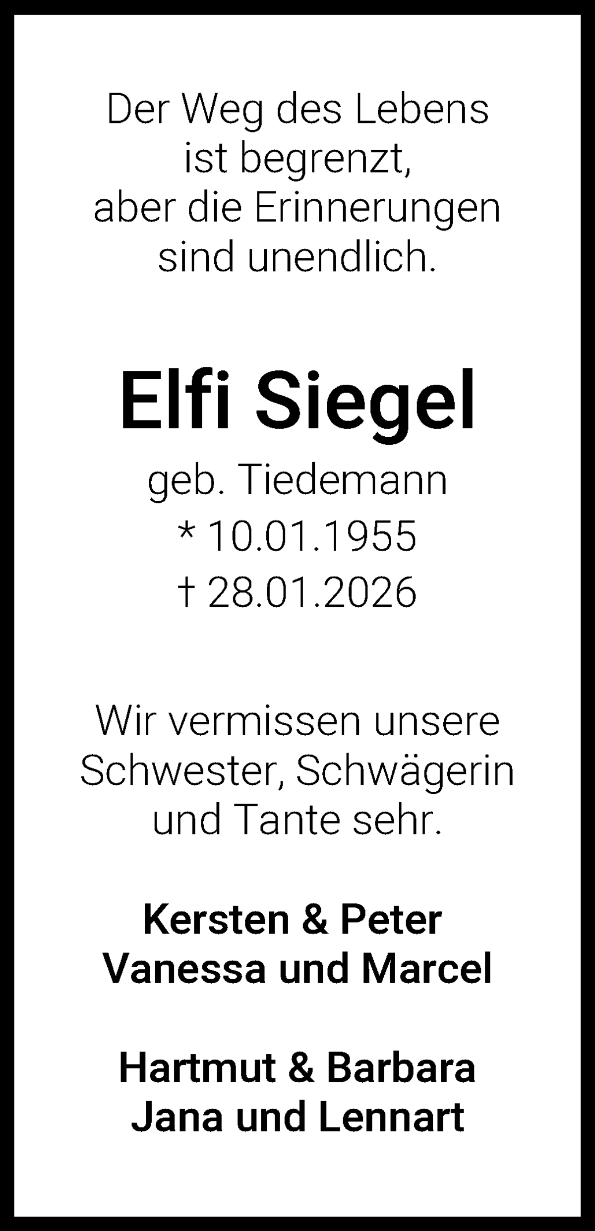 Traueranzeige von Elfi Siegel von WESER-KURIER