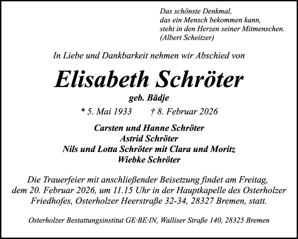 Traueranzeige von Elisabeth Schröter von WESER-KURIER