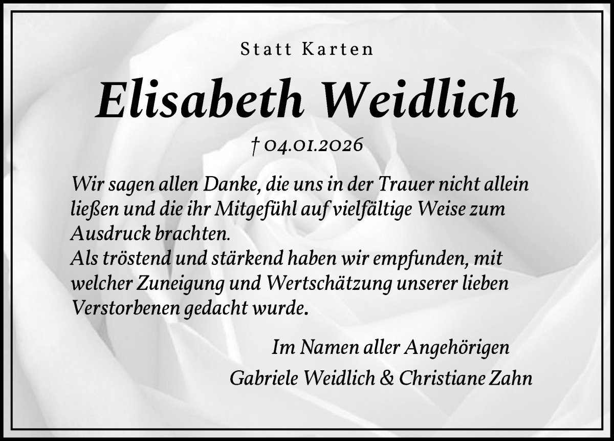 Traueranzeige von Elisabeth Weidlich von Die Norddeutsche