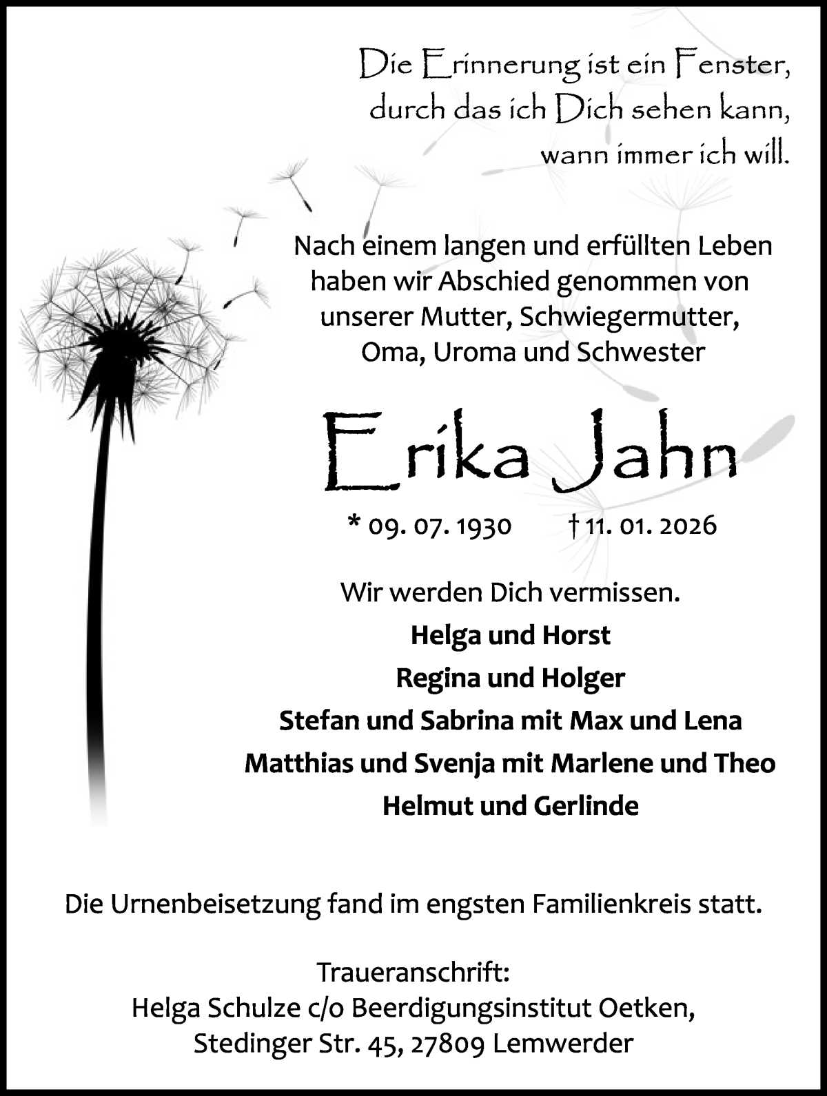Traueranzeige von Erika Jahn von Die Norddeutsche