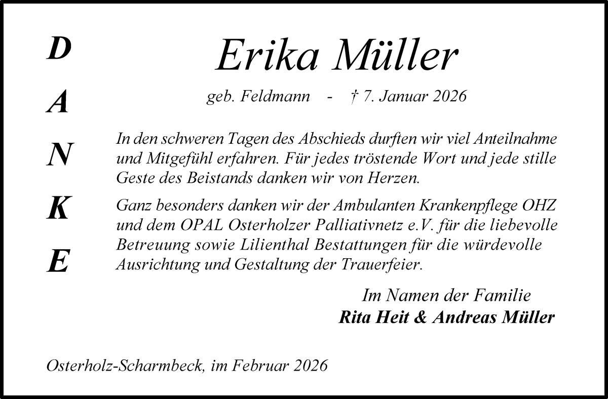 Traueranzeige von Erika Müller von Osterholzer Kreisblatt