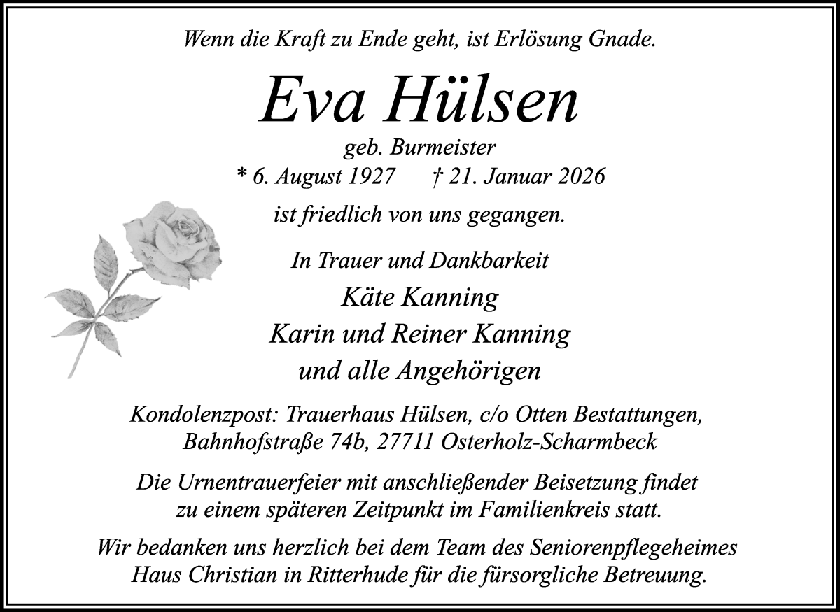 Traueranzeige von Eva Hülsen von Osterholzer Kreisblatt