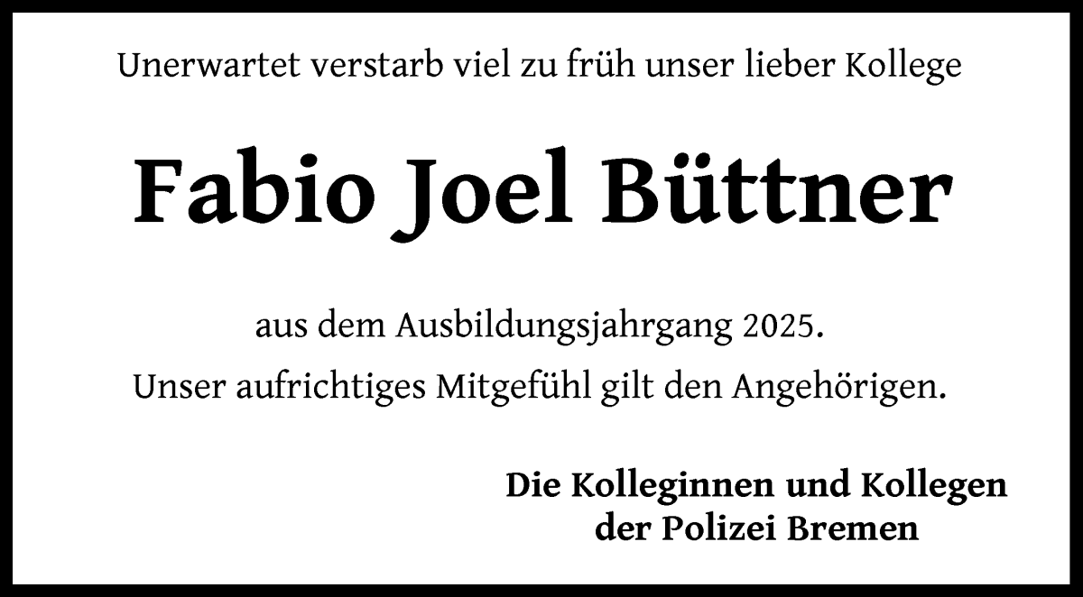 Traueranzeige von Fabio Joel Büttner von WESER-KURIER