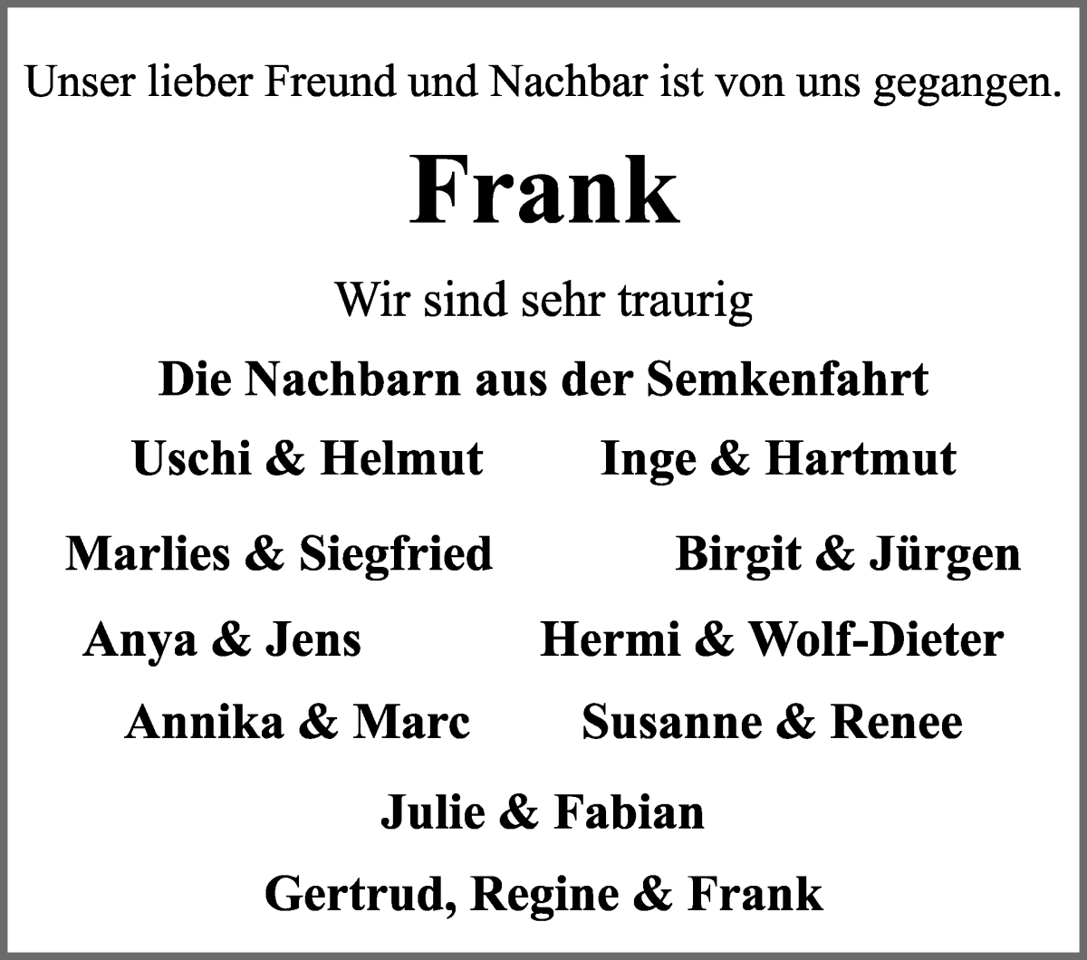 Traueranzeige von Frank Puhst von Wuemme Zeitung