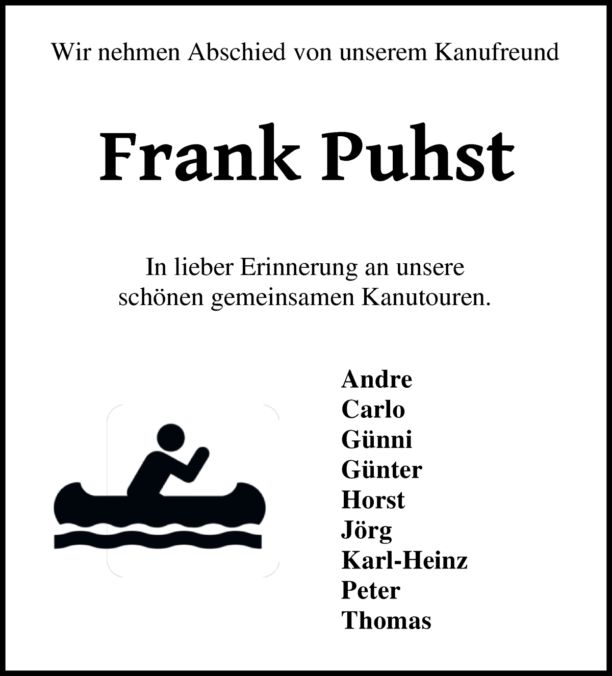 Traueranzeige von Frank Puhst von Wuemme Zeitung