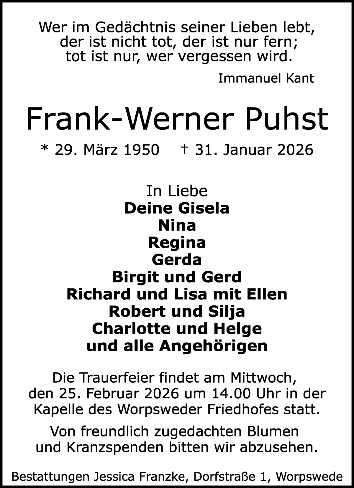 Traueranzeige von Frank-Werner Puhst von Wuemme Zeitung