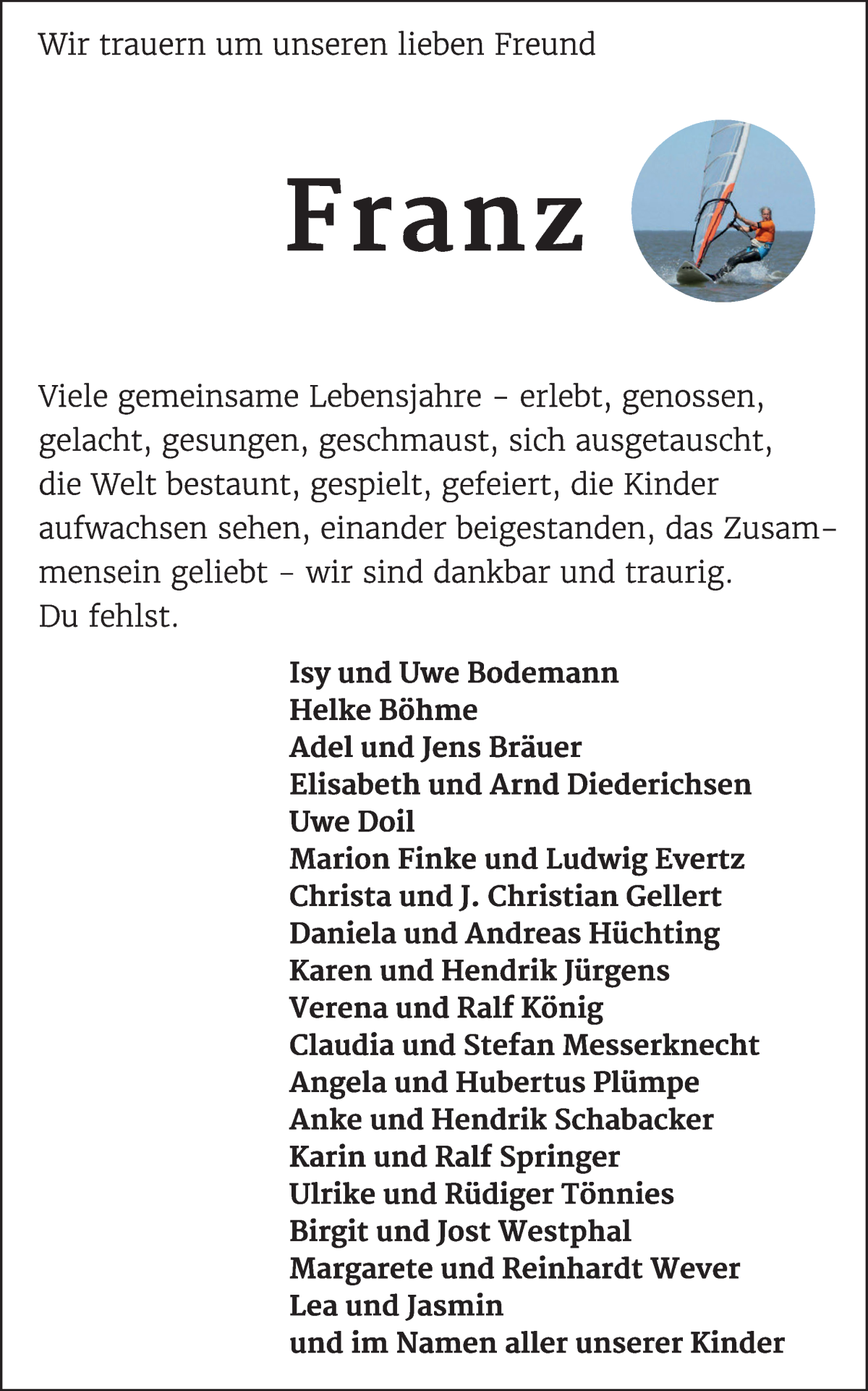 Traueranzeige von Franz Becker-Urban von WESER-KURIER
