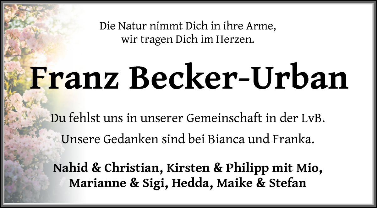  Traueranzeige für Franz Becker-Urban vom 21.02.2026 aus WESER-KURIER