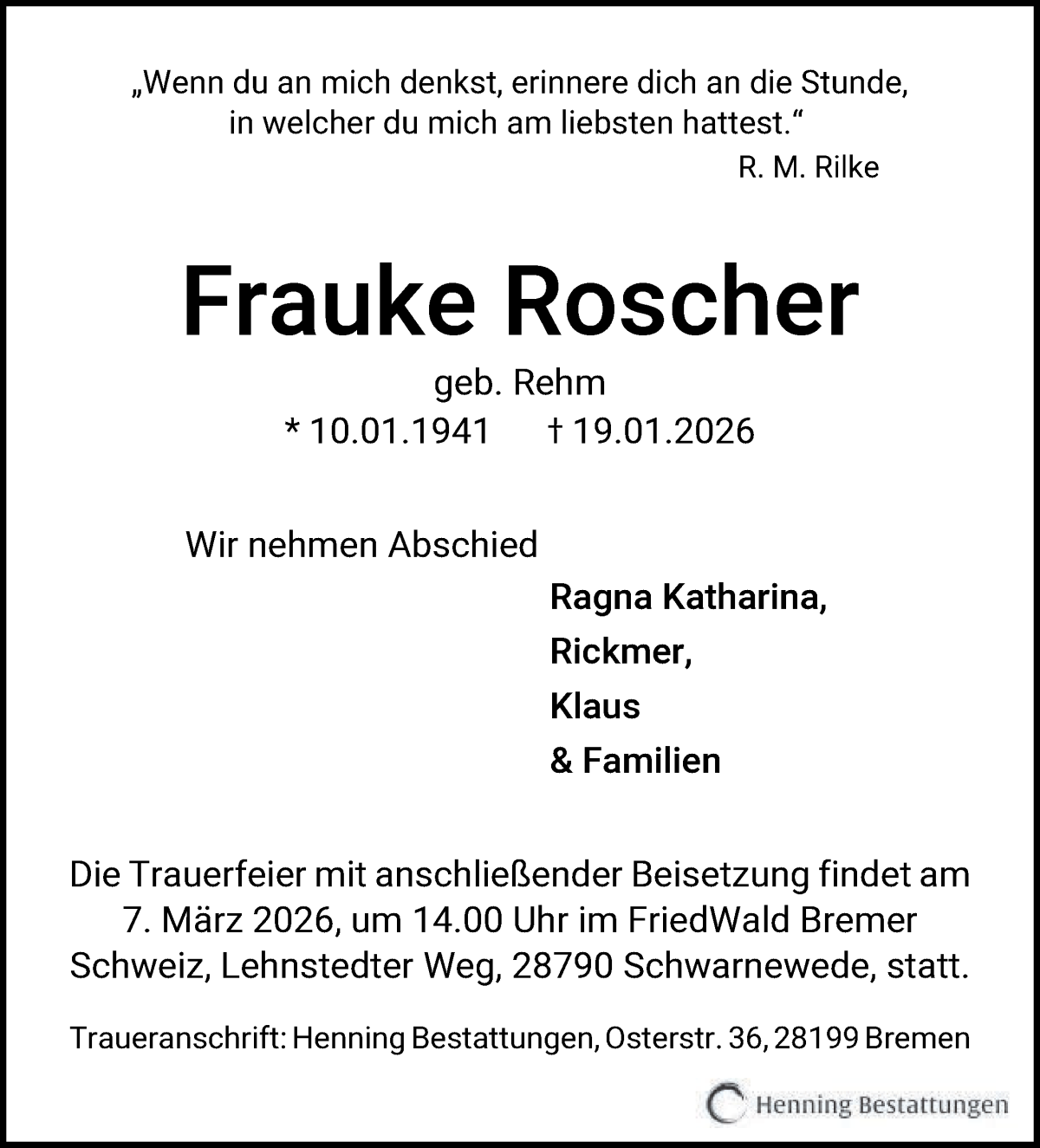Traueranzeige von Frauke Roscher von WESER-KURIER