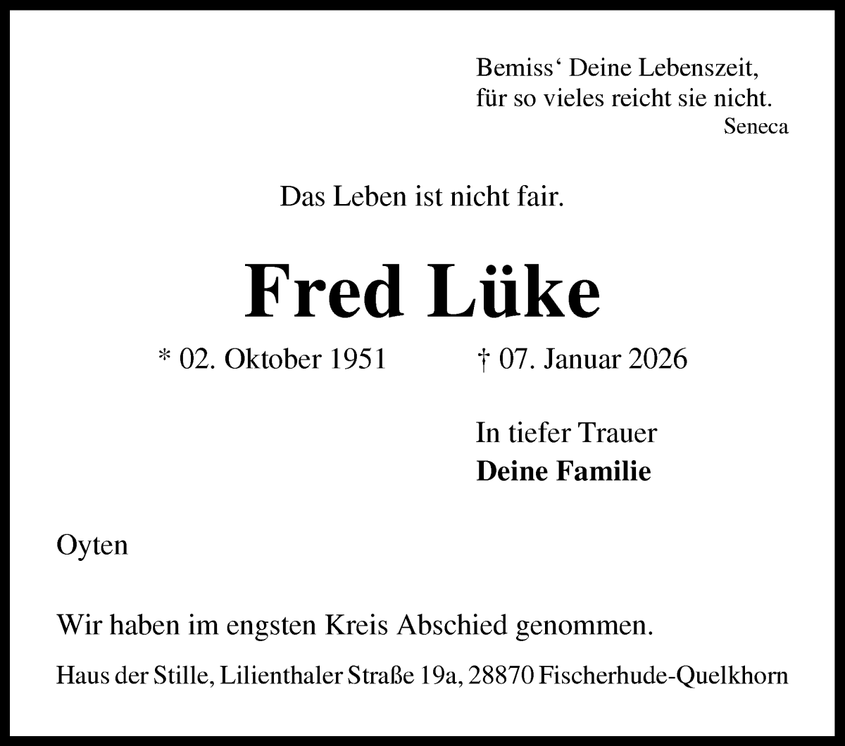 Traueranzeige von Fred Lüke von WESER-KURIER