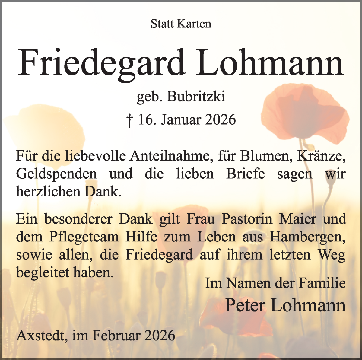 Traueranzeige von Friedegard Lohmann von Osterholzer Kreisblatt