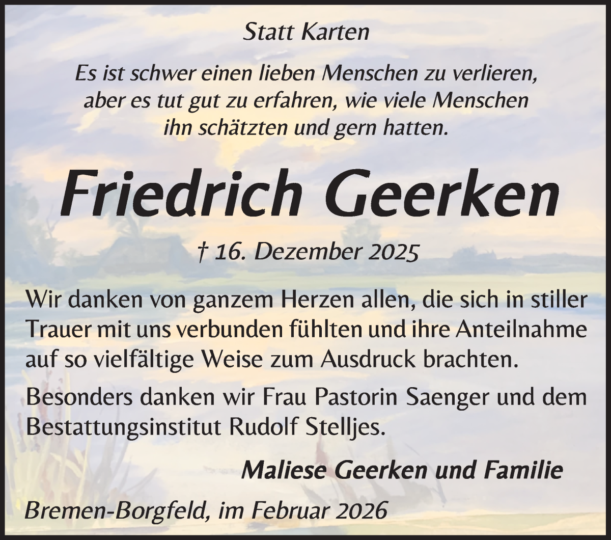 Traueranzeige von Friedrich Geerken von WESER-KURIER
