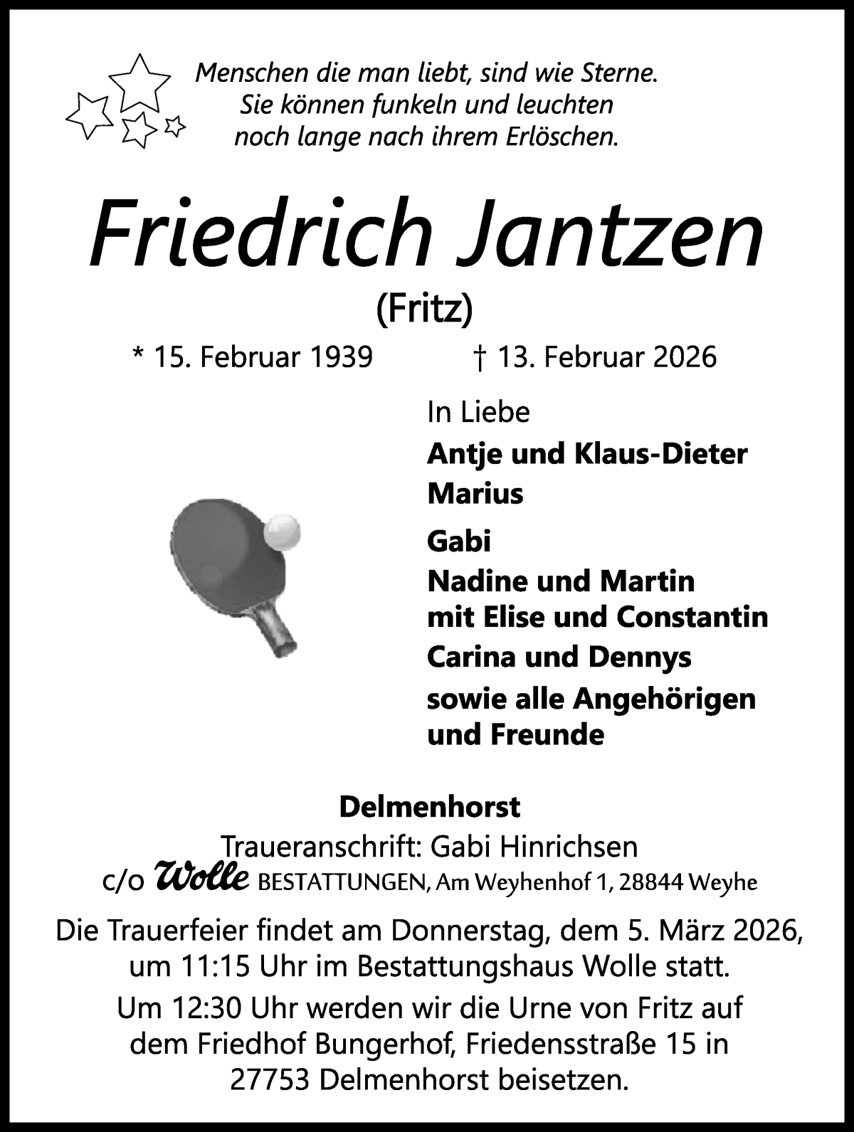 Traueranzeige von Friedrich Jantzen von Delmenhorster Kurier