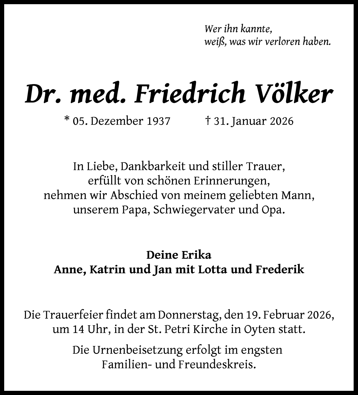 Traueranzeige von Friedrich Völker von WESER-KURIER