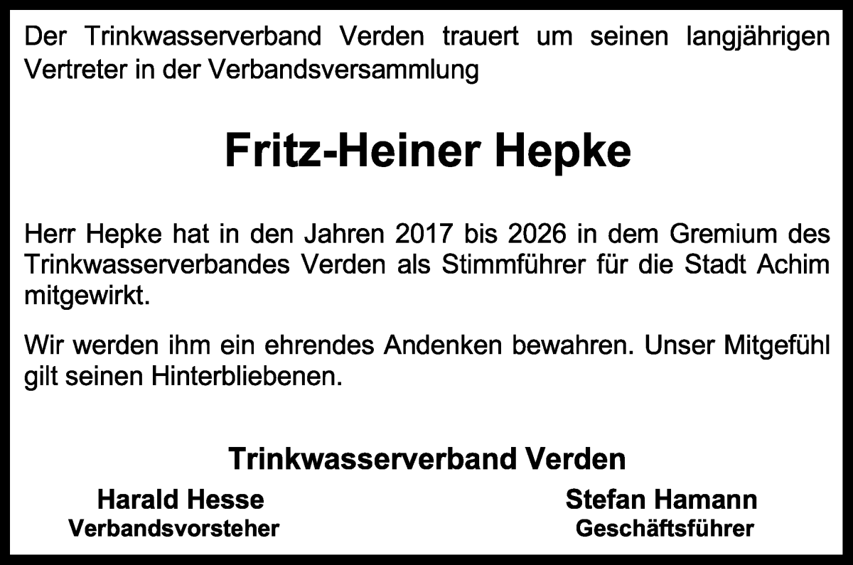 Traueranzeige von Fritz-Heiner Hepke von Achimer Kurier/Verdener Nachrichten