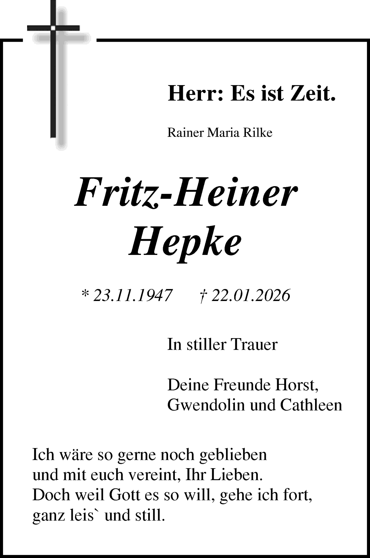 Traueranzeige von Fritz-Heiner Hepke von Achimer Kurier/Verdener Nachrichten