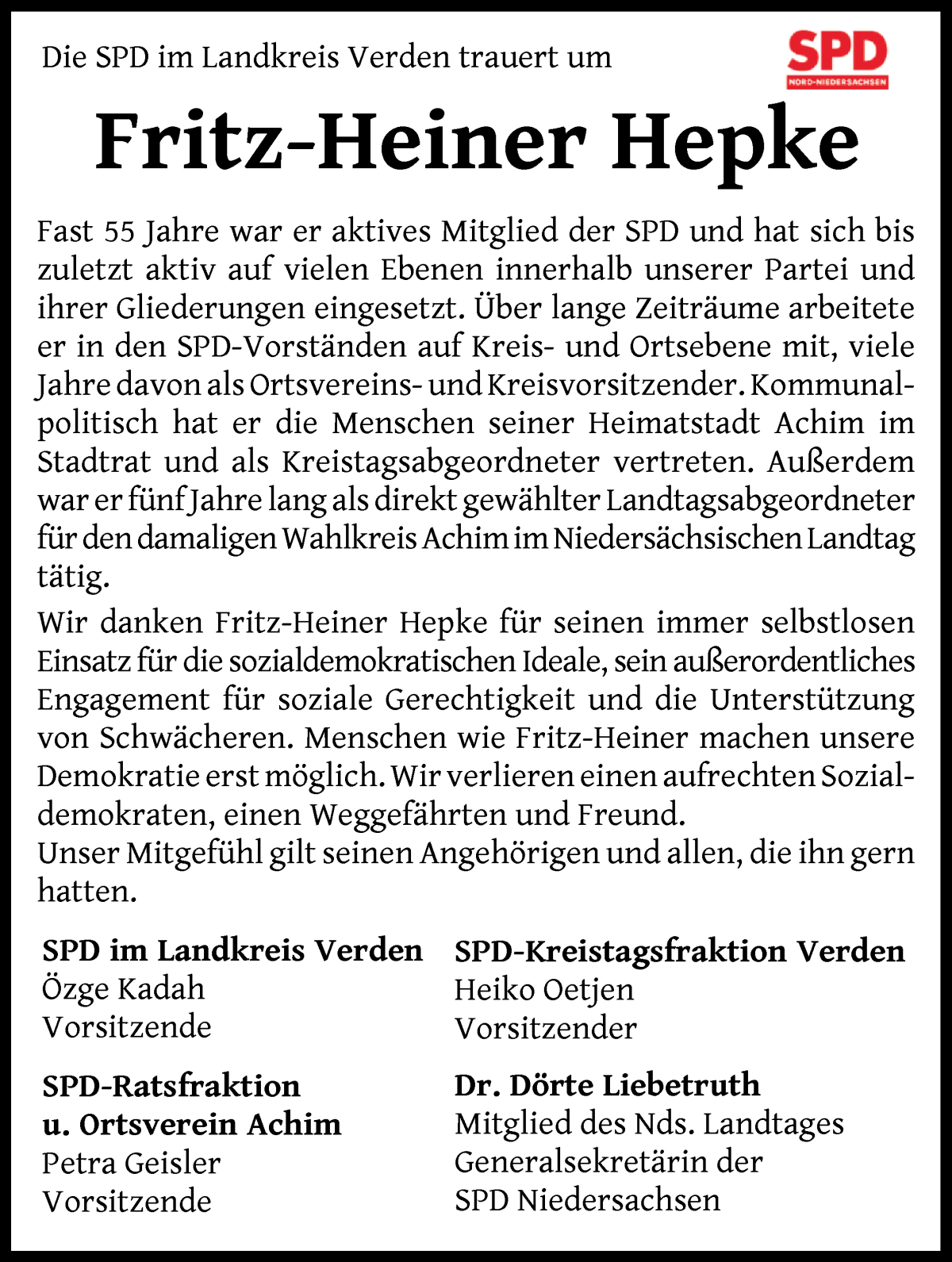 Traueranzeige von Fritz-Heiner Hepke von Achimer Kurier/Verdener Nachrichten