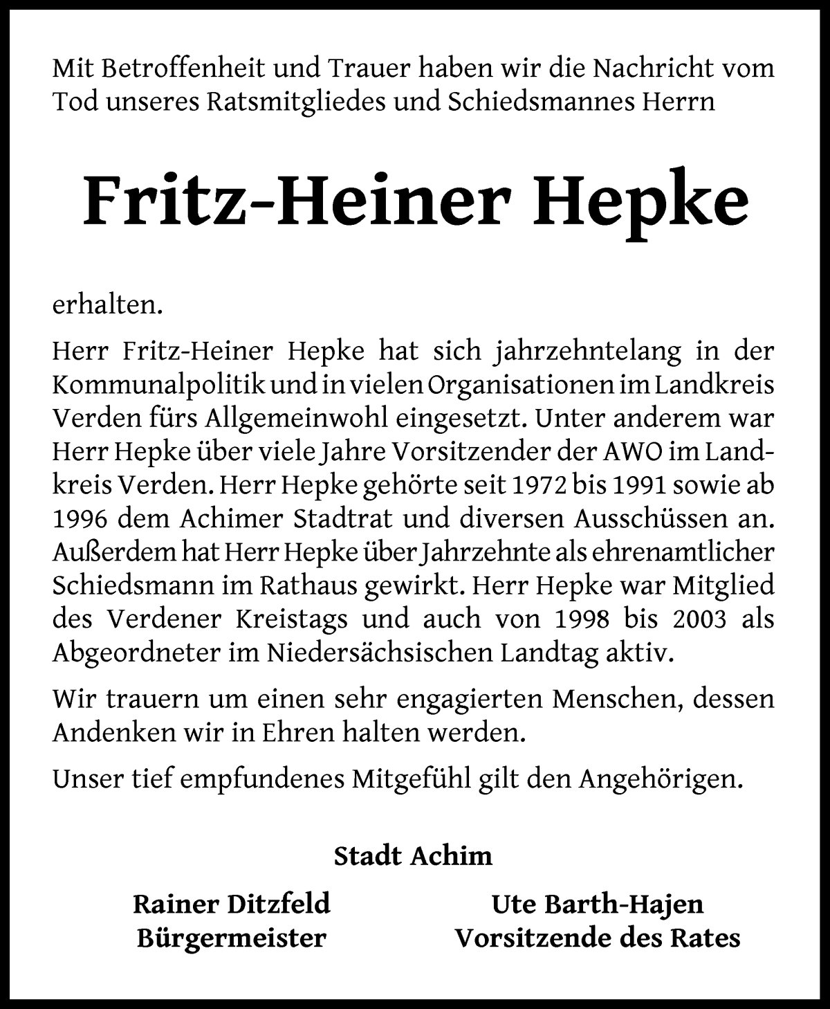 Traueranzeige von Fritz-Heiner Hepke von Achimer Kurier/Verdener Nachrichten