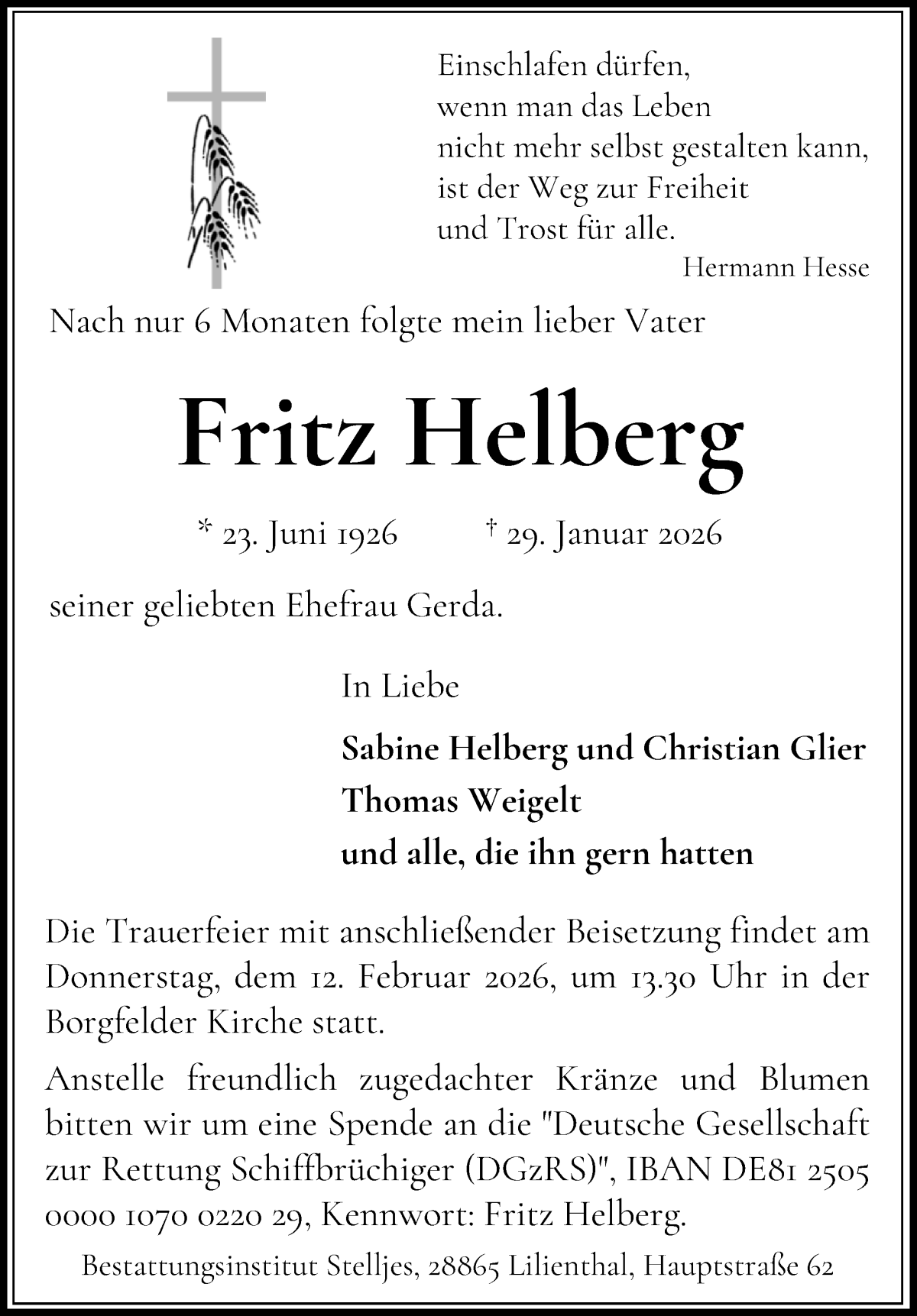 Traueranzeige von Fritz Helberg von WESER-KURIER