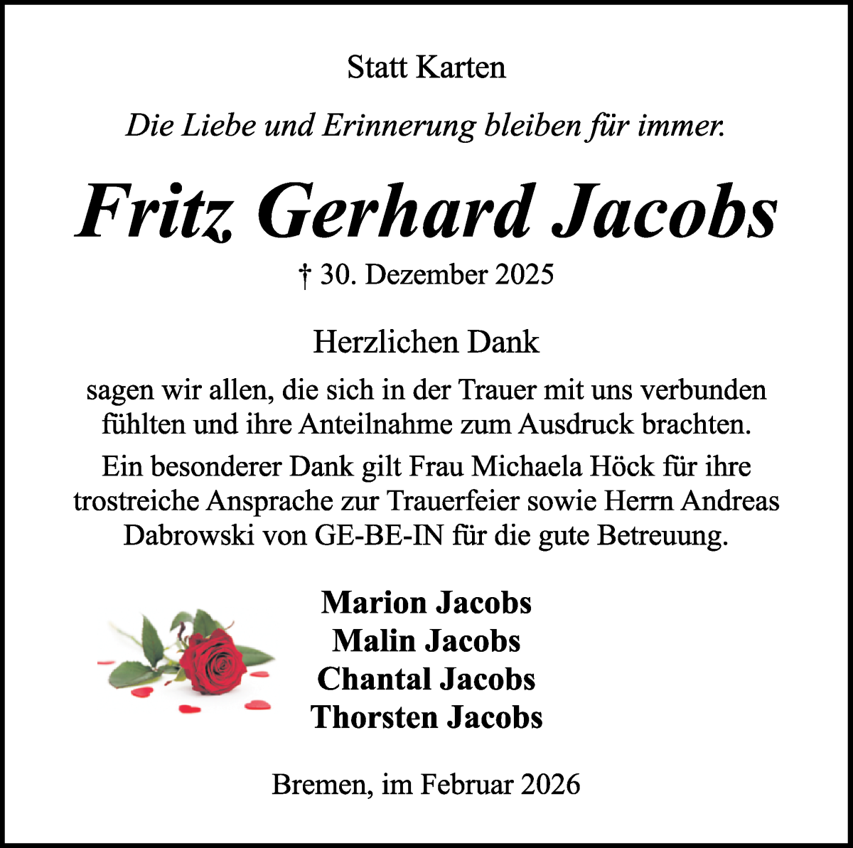 Traueranzeige von Fritz Gerhard Jacobs von WESER-KURIER